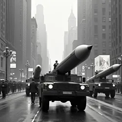 Soviet States of America military parade through Times Square, displaying intercontinental ballistic missiles, 1963
