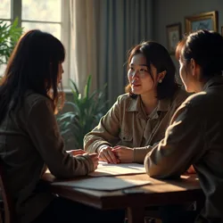 Director Sarah Chen discusses a scene with Emma Myers and Anita Kurosawa during pre-production