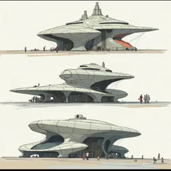 Early conceptual artwork showing the development of Rotfront's distinctive architectural style
