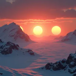 A striking panorama of the Eusan System's triple suns setting over the frozen wastes of Rotfront