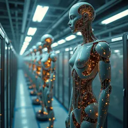 The primary Replika assembly facility in Heimat City, showing the intricate process of neural network integration