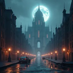 The imposing architecture of Rotfront's central district illuminated by the ethereal glow of the triple suns