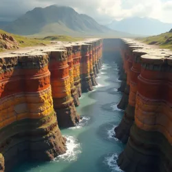 Repeating layers of rock and bio-minerals extending kilometers deep beneath the surface.