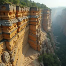 Massive exposed cliff face showing vast, rhythmic geological layers of the Thrum.