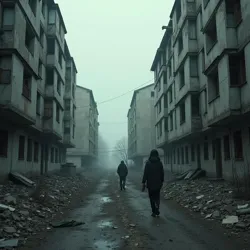 A view of authentic urban decay, potentially abandoned factories or grey apartment blocks, representing the film's guerrilla production locations.