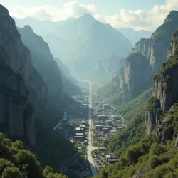Brutalist factory complexes and mining operations in a narrow mountain valley, a key economic center.
