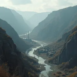 Bleak landscape showing rugged mountains, polluted rivers, and decaying brutalist industrial factories and housing in the territory of Novy Grad.