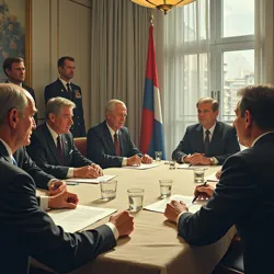 Delegates from Karsia and neighboring successor states meeting at a neutral site, mediated by a regional power, to discuss borders and relations.