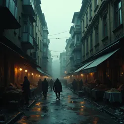 A street scene in Novy Grad showing bustling black markets, crumbling buildings, and a sense of pervasive unease, reflecting the film's setting.