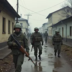 Scene depicting paramilitary groups, border skirmishes, or internal conflict in the chaotic streets or rural areas of Novy Grad during the 1980s.
