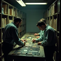 Technicians working on a damaged film print in an archive setting, symbolizing the rediscovery and preservation process of the uncut film.