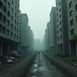 Stark brutalist architecture and industrial decay in the isolated city where the film takes place.