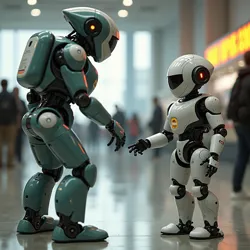 Nivos encountering Arundo at the robotics expo, illustrating their initial interaction and Nivos's technologically superior persona.