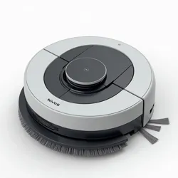 The Spheroid 720 showcasing its circular chassis, brushroll, edge brushes, and navigational sensors, highlighting its functionalist design.