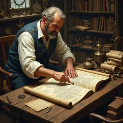 Mariner using nautical charts and tools, surrounded by books and scrolls filled with nautical terms, illustrating the depth of Lingua Navis.
