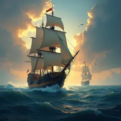Majestic galleon sailing on stylized ocean under dramatic sky, representing grandeur and historical significance of maritime vessels.