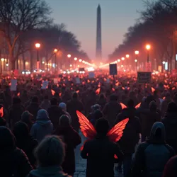 Mass demonstrations against the Restoration regime in Washington DC, 2026. Note the presence of both human and supernatural protesters, including illuminated fairy wings visible in the crowd.
