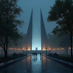 The dedication of the National Memorial to Supernatural Resistance in 2035, featuring eternal fairy lights and vampire-enchanted eternal darkness zones