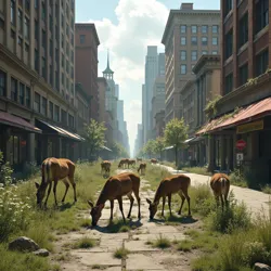 A deer family grazing in an abandoned shopping district in Chicago, illustrating the rapid rewilding of urban spaces