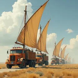 A long convoy of repurposed vehicles linked together, pulled across the desolate plains by large fabric sails harnessing the wind.
