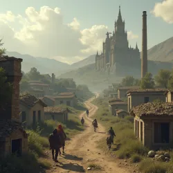 Ruins of former agricultural towns and infrastructure after environmental collapse forced populations into nomadic survival.