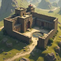 A small, defended community built from salvaged materials, clustered around a vital resource like water, with walls and lookouts.