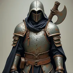 Person wearing protective armor made from hammered metal plates and salvaged machine parts, equipped with repurposed tools or weapons.