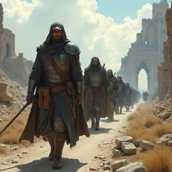 Small group of Ironclad Pilgrims, clad in salvaged gear, traversing a desolate, ruined landscape on a pilgrimage.