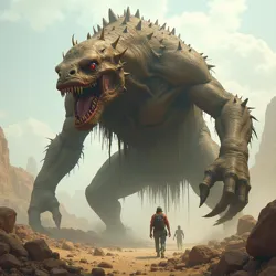 Giant, aggressive mutated animal, perhaps a massive, deformed creature, standing menacingly in a ruined environment, illustrating the emergence of dangerous megafauna.