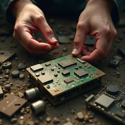 Hands examining salvaged technology, like circuit boards or metal parts, treated as sacred relics from a lost civilization.