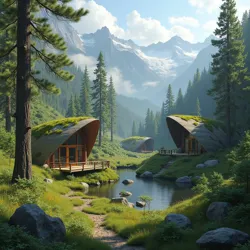 Telurian Enclaves integrated within the Cascade Mountains, showcasing sustainable architecture and harmonious living with nature.