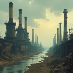 A desolate industrial landscape symbolizing the environmental and social costs of technological progress