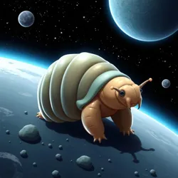 An artistic depiction of a tardigrade participating in an interstellar battle.