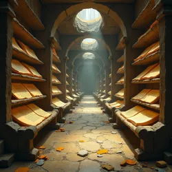 Interconnected chambers of the Archive of Transient Script, showcasing the controlled environment where ephemeral scrolls are stored and allowed to decay, representing the unique approach to knowledge.