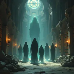 Spectral figures and arcane constructs protect the Library from intruders and the unworthy.