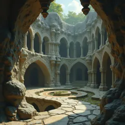 Labyrinthine complex carved into rock with echoing halls and chambers defying spatial geometry.