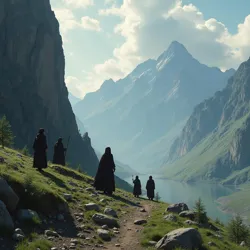 Shows proto-Scribes seeking refuge in remote mountains, inspired by Herizhon's Fragments of Anthracite during the Obsidian Dynasty decline.