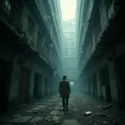 A solitary figure navigating the oppressive, forgotten interiors of a decaying urban structure.