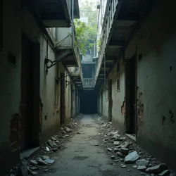 Crumbling concrete walls and narrow spaces within aging tenement buildings slated for demolition.