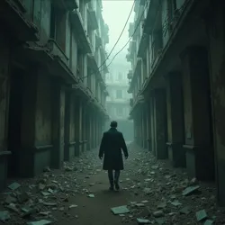 Figure searching through dusty, crumbling rooms in a derelict building.