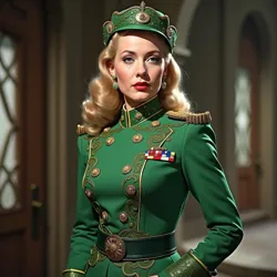 A promotional portrait of Gloria DeHaven as General Jinjur in The Land of Oz (1941), showcasing the distinctive emerald-accented military uniform