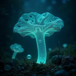 Bioluminescent fungal spores floating in the air