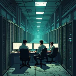 Data analysts working in abandoned server room