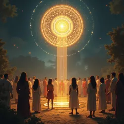 Participants in a Ceremony of Geometric Communion, engaging with geometric archetypes during a ritual dedicated to Ekstatikos.