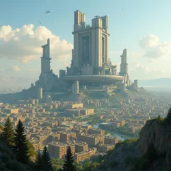 Colossal arcology dominating Neo-Athenian skyline, a self-contained ecosystem with residential, commercial, industrial, and agricultural zones.