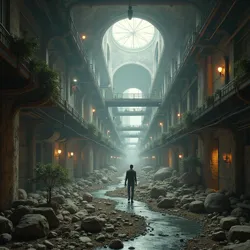 Sprawling network beneath Arcology, repurposed infrastructure with dim lighting, recycled architecture, and unique subcultures.