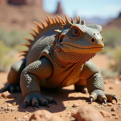 Shows an armored desert reptile with heat-radiating plates and moisture extraction abilities, known for expanding its range.