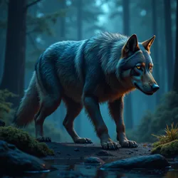 Depicts a large canid from the Pacific Northwest exhibiting bioluminescent fur and powerful sonic vocalizations due to Genomai Shifting.