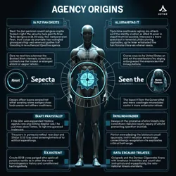 Conceptual image depicting the formation or reorganization of a defense agency in response to evolving security threats like cyber warfare, asymmetric tactics, and the emergence of extraordinary human abilities, following governmental crises.