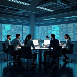 Visual representation of a cross-disciplinary team of experts from diverse fields like cybersecurity, biotechnology, and physics collaborating to analyze complex emergent threats using advanced data fusion and predictive modeling.